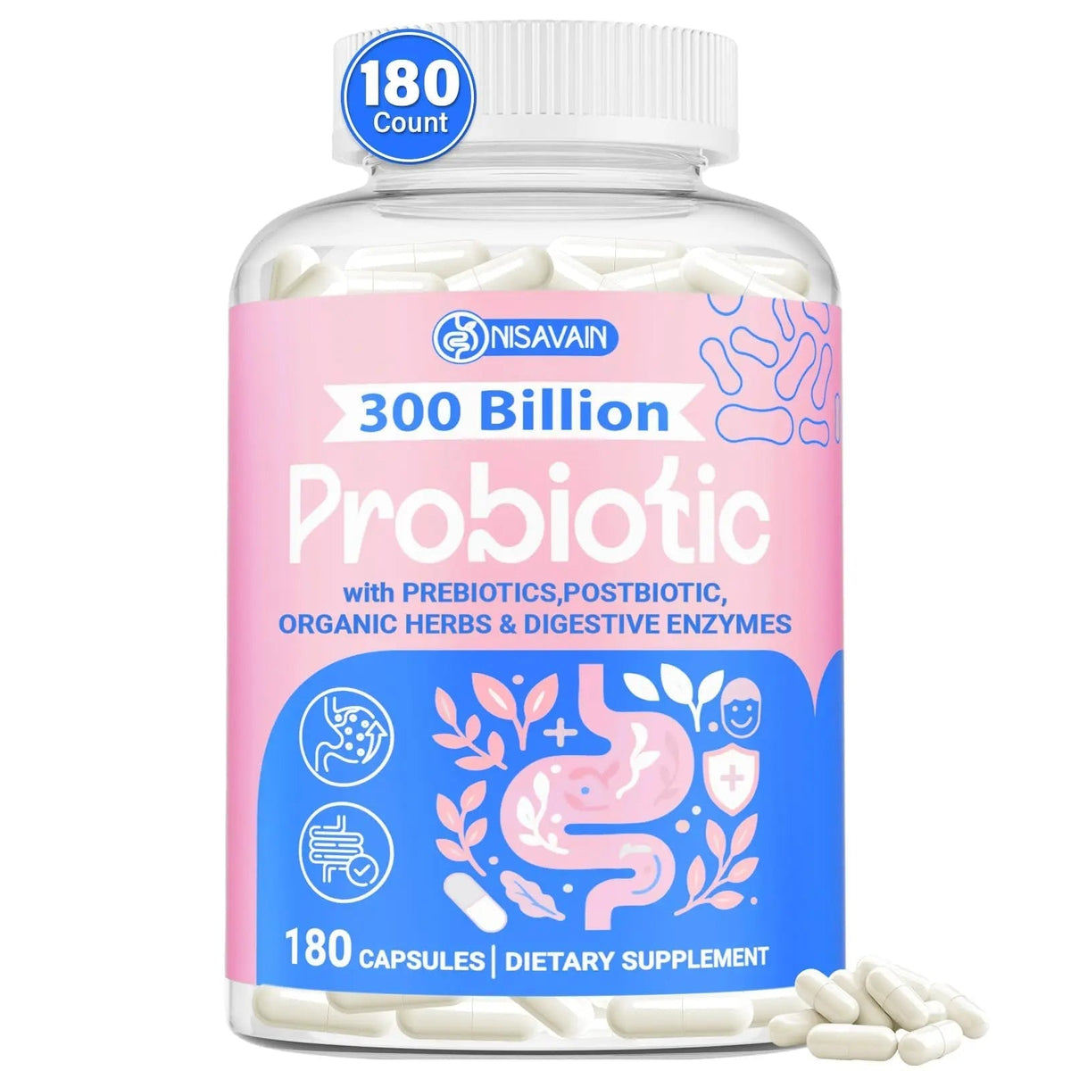 (180 Capsules) Probiotics for Women & Men, 5-in-1 Probiotic, Prebiotic, Postbiotic, Organic Herbs & 16 Digestive Enzymes Blend, 300 Billion CFU, Complete Gut Health, Digestive Health & Immune* - Maple Wellness Supplements