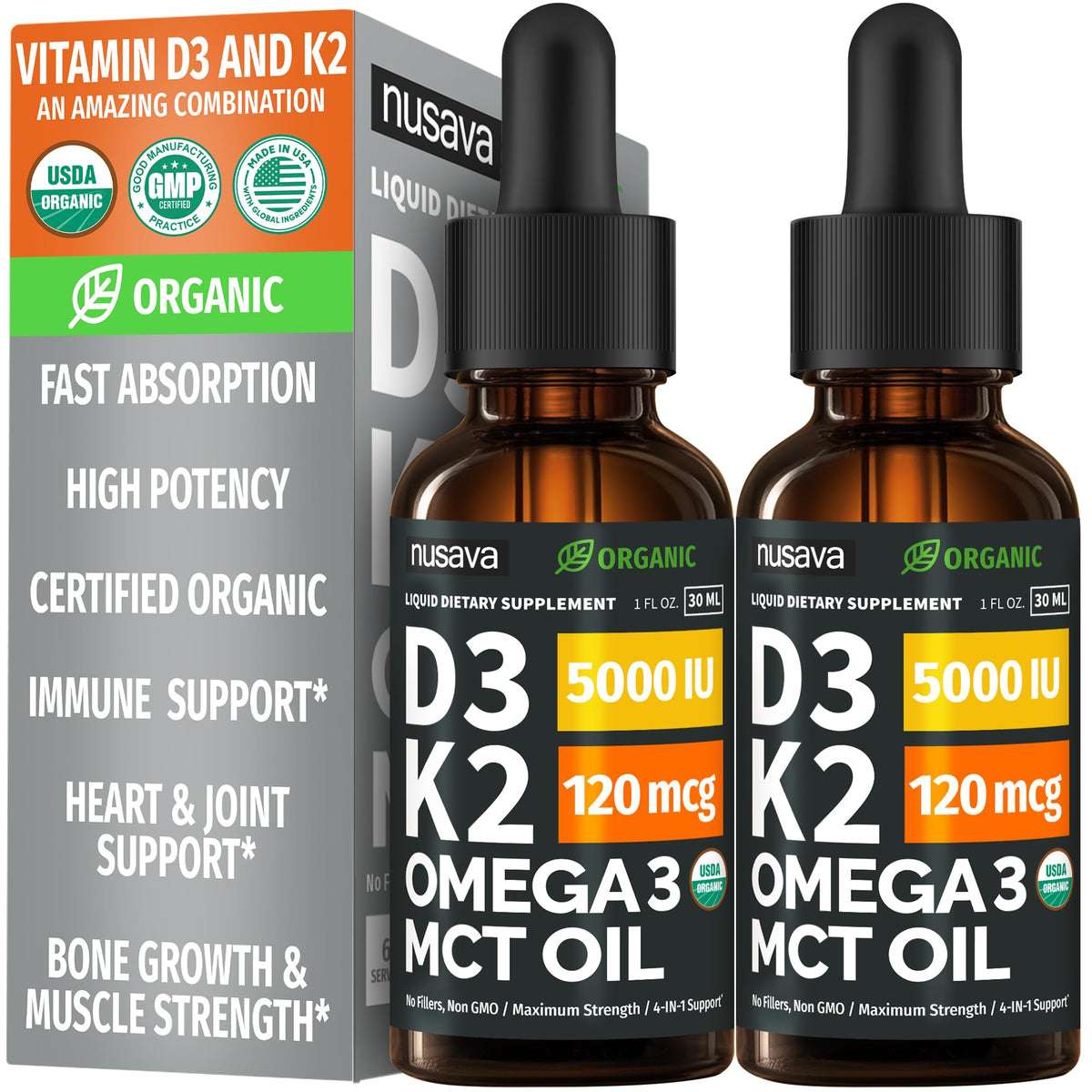 (2 Pack) Organic Vitamin D3 K2 Drops with MCT Oil Omega 3, 5000 IU — Liquid D3, No Fillers, Non-GMO, Immune Support (Unflavored, 2 Fl Oz) - Maple Wellness Supplements