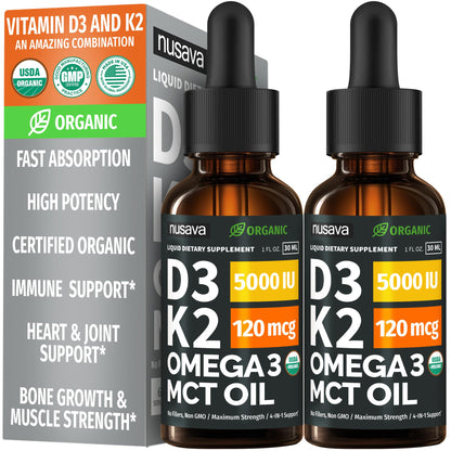 (2 Pack) Organic Vitamin D3 K2 Drops with MCT Oil Omega 3, 5000 IU — Liquid D3, No Fillers, Non-GMO, Immune Support (Unflavored, 2 Fl Oz) - Maple Wellness Supplements