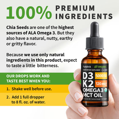 (2 Pack) Organic Vitamin D3 K2 Drops with MCT Oil Omega 3, 5000 IU — Liquid D3, No Fillers, Non-GMO, Immune Support (Unflavored, 2 Fl Oz) - Maple Wellness Supplements