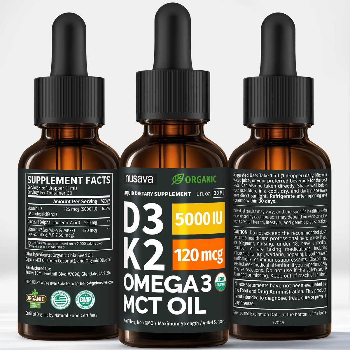 (2 Pack) Organic Vitamin D3 K2 Drops with MCT Oil Omega 3, 5000 IU — Liquid D3, No Fillers, Non-GMO, Immune Support (Unflavored, 2 Fl Oz) - Maple Wellness Supplements