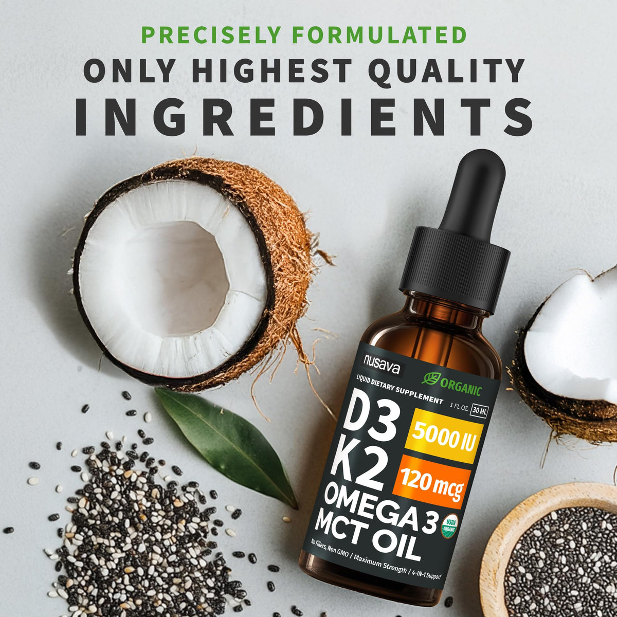 (2 Pack) Organic Vitamin D3 K2 Drops with MCT Oil Omega 3, 5000 IU — Liquid D3, No Fillers, Non-GMO, Immune Support (Unflavored, 2 Fl Oz) - Maple Wellness Supplements