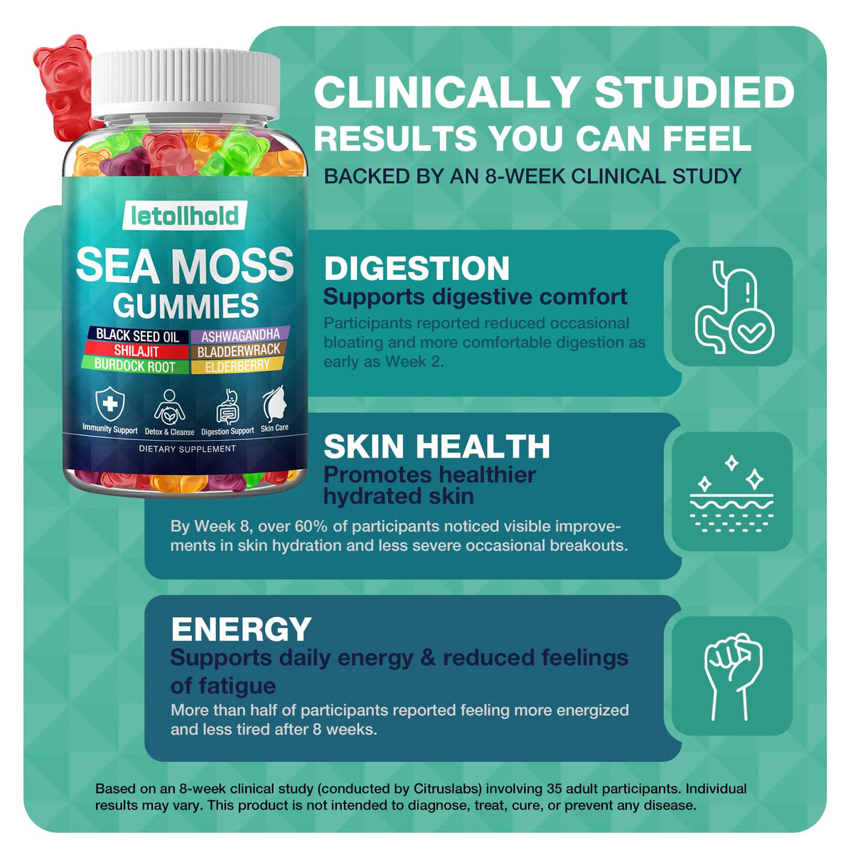 Sea Moss Gummies - Irish Sea Moss Gummies Advanced for Adults with Ashwagandha Bladderwrack & Burdock Root for Supports Immune，Energy - 60 Vegan Gummy,2PCS letollholdBuy Supplements Australia