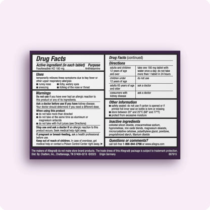 Allegra Adult 24-Hour Allergy Relief Tablets, Non-Drowsy Indoor and Outdoor Allergy Medicine, 180 mg Fexofenadine HCI Antihistamine Pill, 90 Count Plus 1 Count Travel Pack - Maple Wellness Supplements