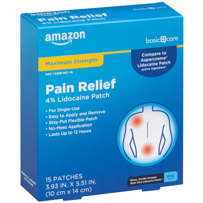 Amazon Basic Care Maximum Strength OTC Pain Relief , 4% Lidocaine Patch, 3.9” x 5.5”, 15-Count Box (Previously HealthWise) - Maple Wellness Supplements
