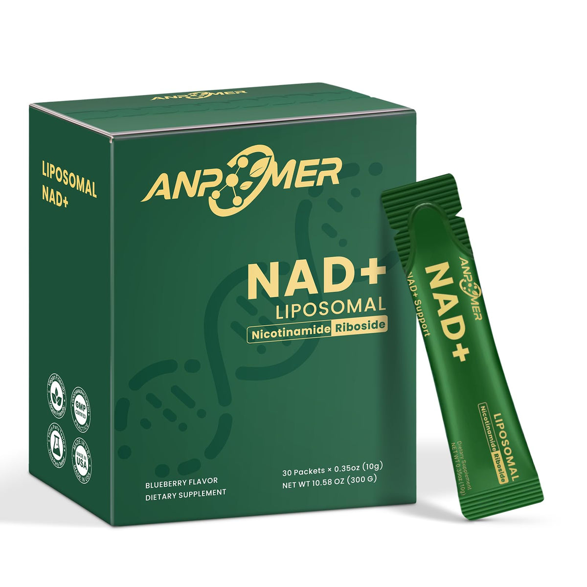 ANPOMER NAD Supplement with Liposomal Nicotinamide Riboside 600mg, Resveratrol, CoQ10, PQQ & D-Ribose, Electrolyte Blend, 30 Liquid Packets - Maple Wellness Supplements