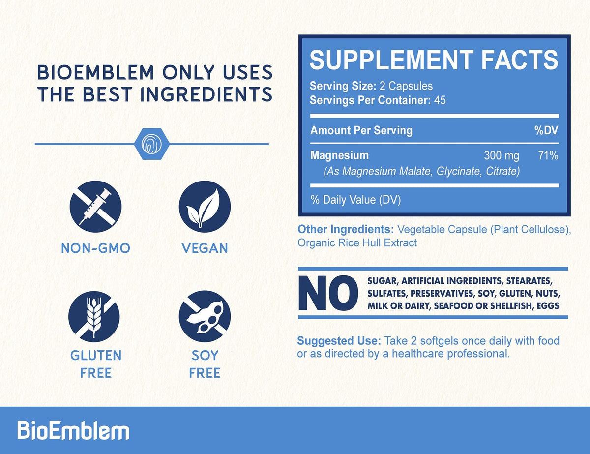 BioEmblem Triple Magnesium Complex | 300mg Magnesium Glycinate, Malate & Citrate | High Absorption Chelated Formula | Vegan, Non-GMO, Gluten-Free | 90 Capsules - Maple Wellness Supplements