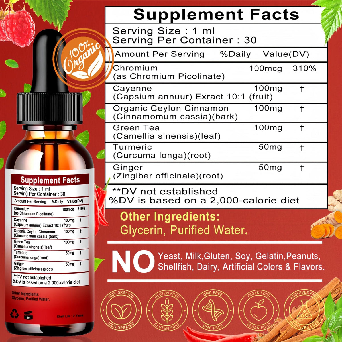 Cayenne Pepper Drops, High Absorption 6-in-1 Liquid Cayenne Pepper Supplement w/Ceylon Cinnamon, Green Tea Extract, Turmeric, Organic Liquid Drops Than Cayenne Capsules Powder - Maple Wellness Supplements