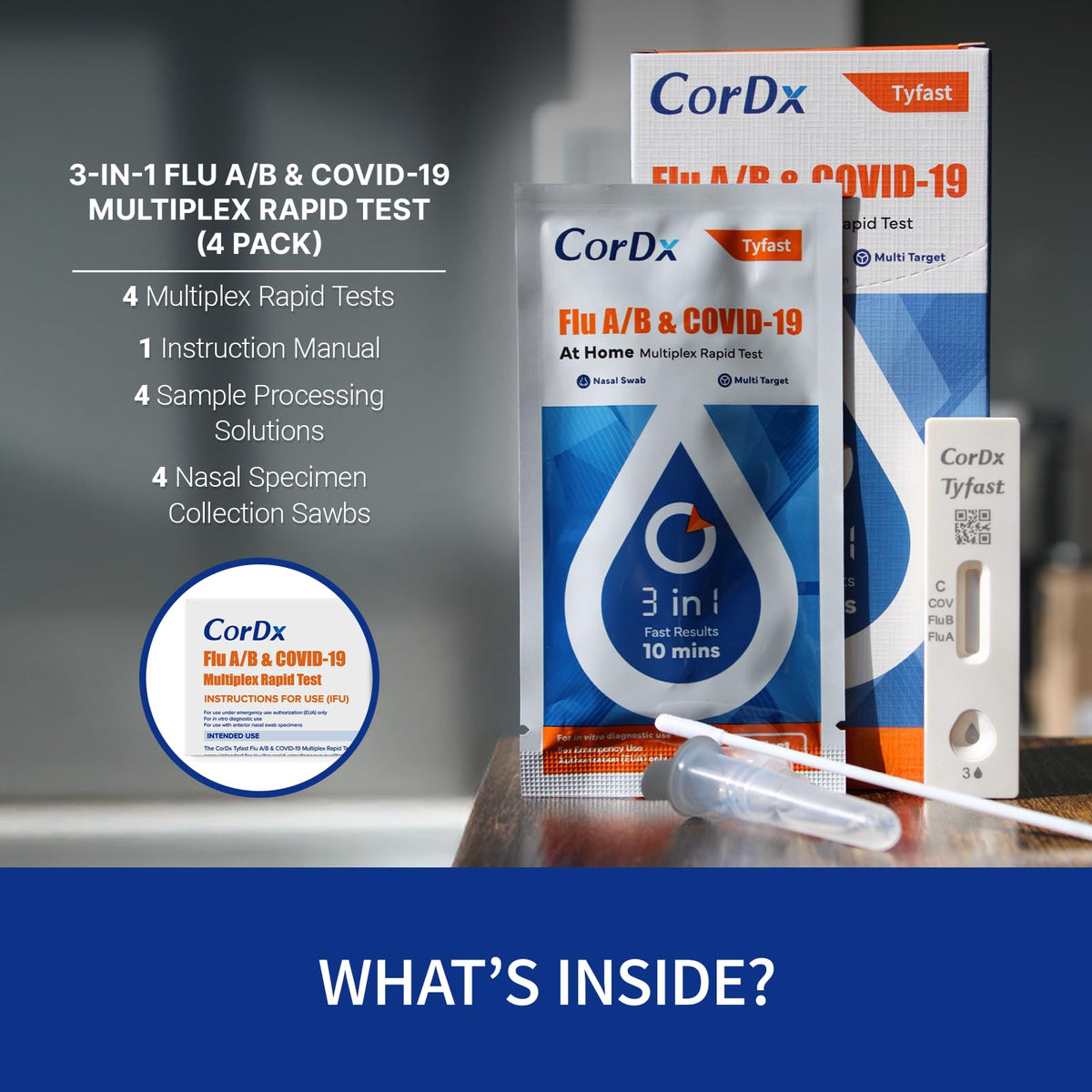 CorDx TyFast Flu A/B & COVID-19 At-Home Multiplex Rapid Test Kit, 3-in-1 Antigen Test, Results in 10 Minutes, EUA Authorized OTC, 4 Tests - Maple Wellness Supplements