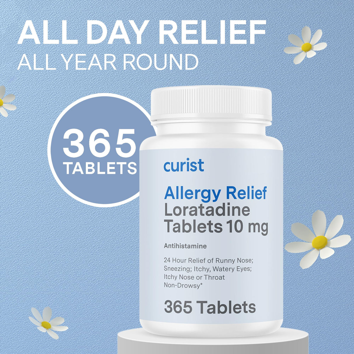 Curist Loratadine 10mg 365 Count - All Day Non Drowsy Allergy Medicine - 24 Hour Antihistamine Tablets for Runny Nose, Itchy Eyes, & Sneezing - Indoor & Outdoor Allergy Medicine for Adults - Maple Wellness Supplements