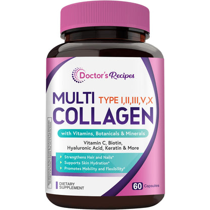 Doctor's Recipes Multi Collagen Peptides, Type I, II, III, V, X, 1000 mg Per Serving, Vitamin C, Biotin, Hyaluronic Acid, Keratin, Turmeric, for Hair, Nails, Skin, Stay Active, Antioxidant, 60 Caps - Maple Wellness Supplements