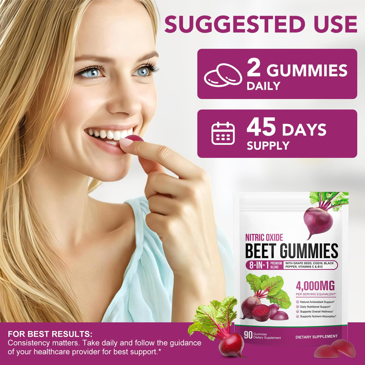 ECHTEYUN Super Beetroot Gummies, 8 in 1 Beet Root 4,000mg with Grape Seed Extract & CoQ10, Sugar Free - 90 Count (1) - Maple Wellness Supplements