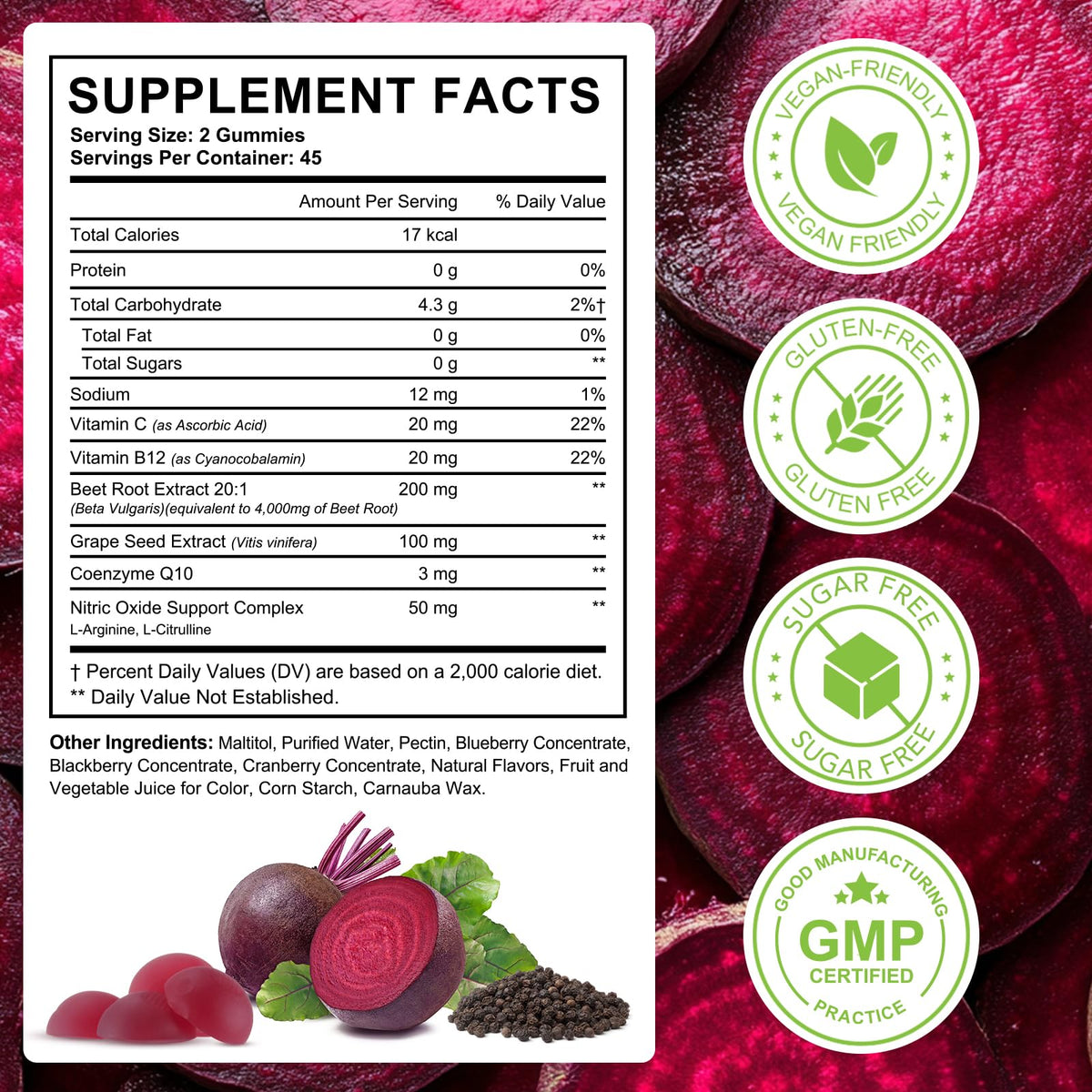 ECHTEYUN Super Beetroot Gummies, 8 in 1 Beet Root 4,000mg with Grape Seed Extract & CoQ10, Sugar Free - 90 Count (1) - Maple Wellness Supplements