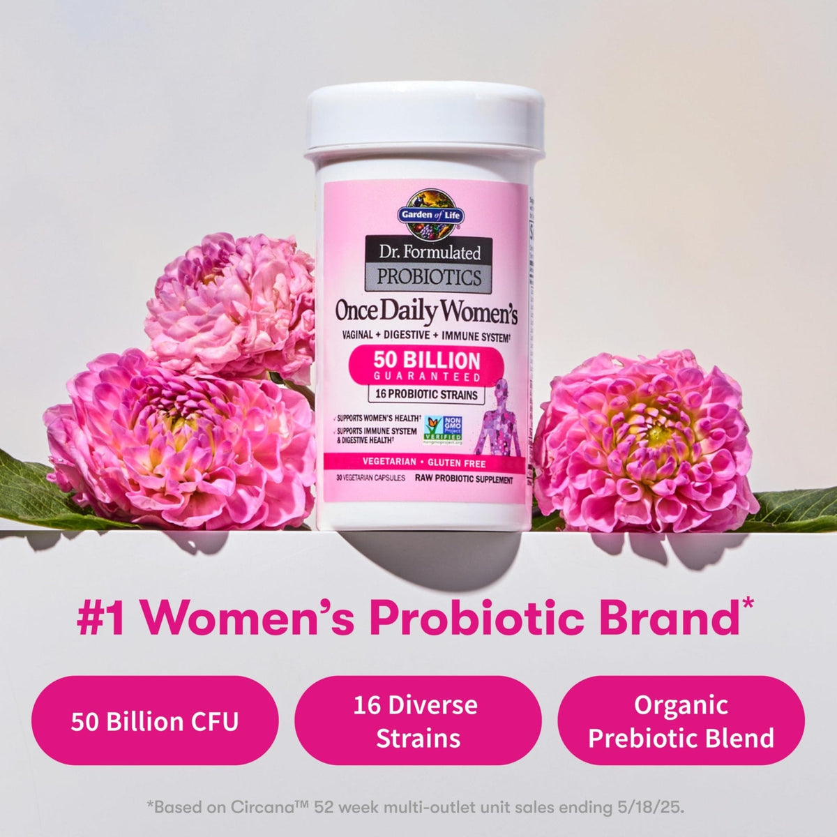 Garden of Life Once Daily Dr. Formulated Probiotics for Women 50 Billion CFU 16 Probiotic Strains with Organic Prebiotics for Digestive, Vaginal & Immune Health, Dairy Free, Shelf Stable 30 Capsules - Maple Wellness Supplements