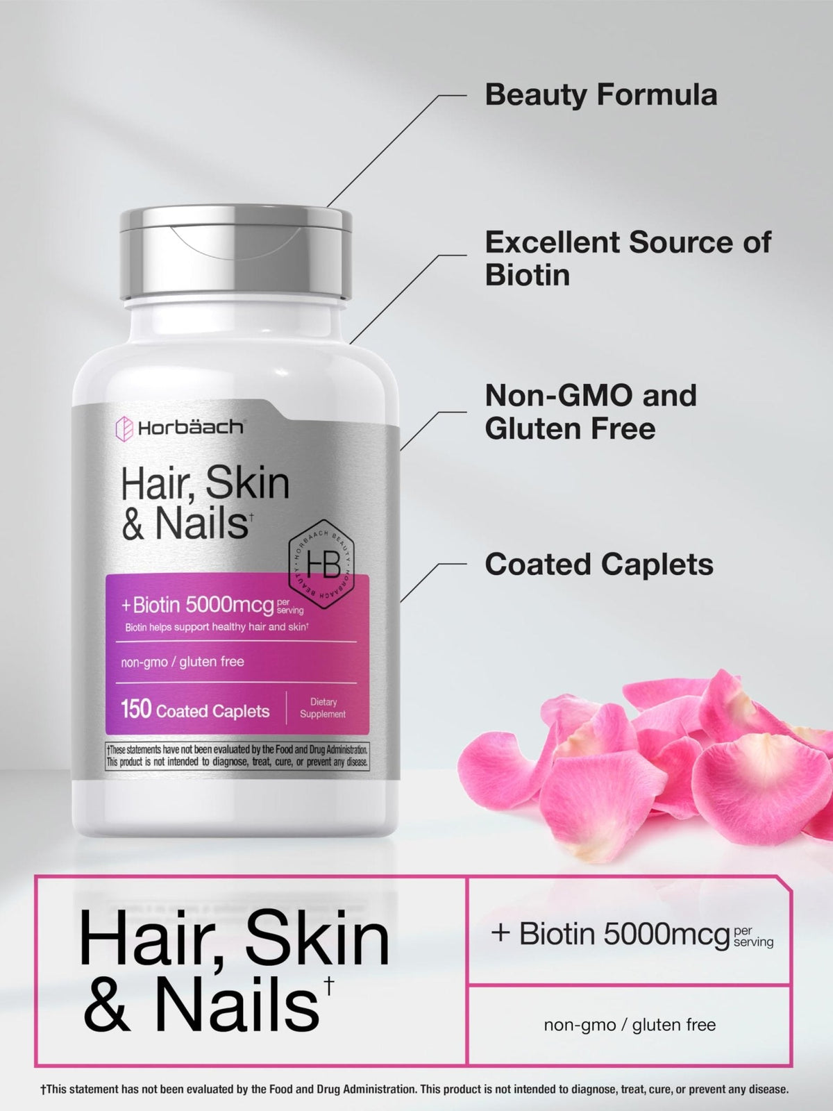 Horbäach Hair Skin and Nails Vitamins | 150 Caplets | with Biotin and Collagen | Supplement for Women and Men | Non-GMO, Gluten Free - Maple Wellness Supplements