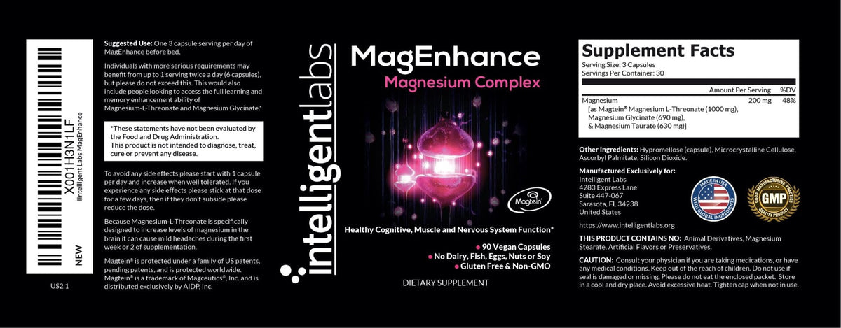 Intelligent Labs MagEnhance Magtein Magnesium Complex Supplement L-Threonate with Magnesium Glycinate and Taurate, 90 Capsules - Maple Wellness Supplements