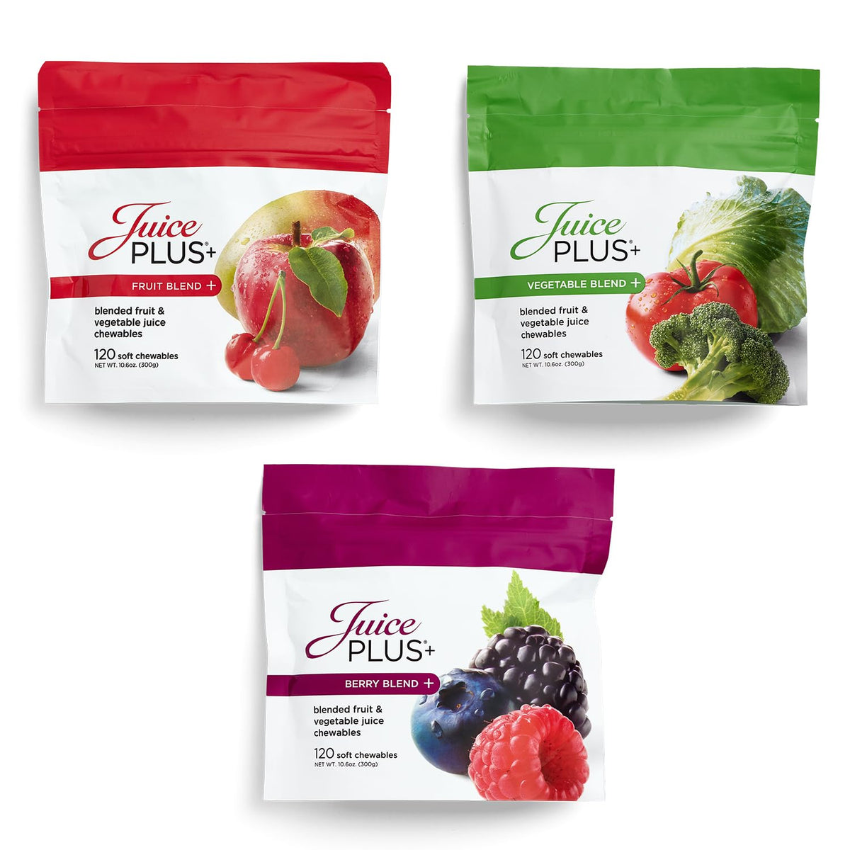 Juice Plus+ Fruit, Vegetable & Berry Blend Soft Chews (Chewables) - 30 Plant-Based Ingredients! Vegan Gummies for Kids & Adults - Gluten-Free, Non-GMO, No HFCS - Prepacked 3 Pouches (30 Chews Each) - Maple Wellness Supplements