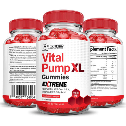 Justified Laboratories (5 Pack) Vital Pump XL Extreme 2000MG Performance Gummies Vital PumpXL Advanced Formula Formulated with Beet Juice ACV Pomegranate Powder B12 Vegan Non GMO 300 Gummys - Maple Wellness Supplements