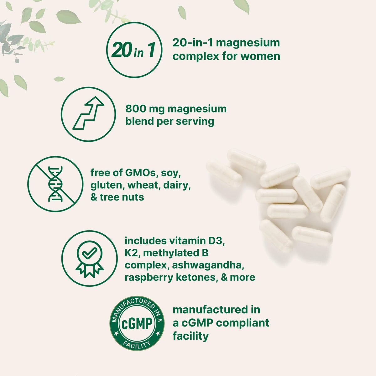 Magnesium Complex for Women, 240 Vegetarian Capsules | 20-in-1 Formula - Magnesium Blend with Vitamin D3, K2 - Maple Wellness Supplements