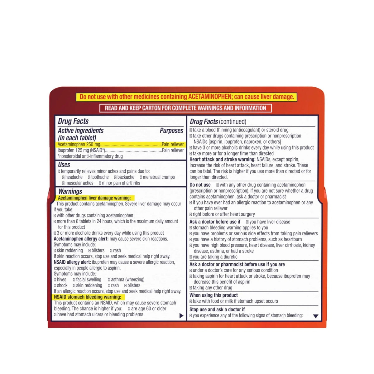Motrin Dual Action with Tylenol, Ibuprofen & Acetaminophen Fast-Acting Dual Action Pain Reliever for Minor Aches & Pains, Ibuprofen (NSAID) 125 mg & Acetaminophen 250 mg, 120 ct - Maple Wellness Supplements