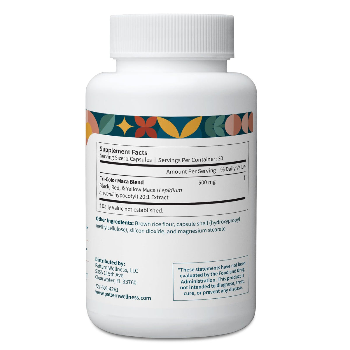 Pattern Wellness Maca Root Extract 20:1-500mg Per Serving – for Men & Women – Tri-Color Black/Red/Yellow Blend – 60 Vegan, Non-GMO Capsules - Maple Wellness Supplements