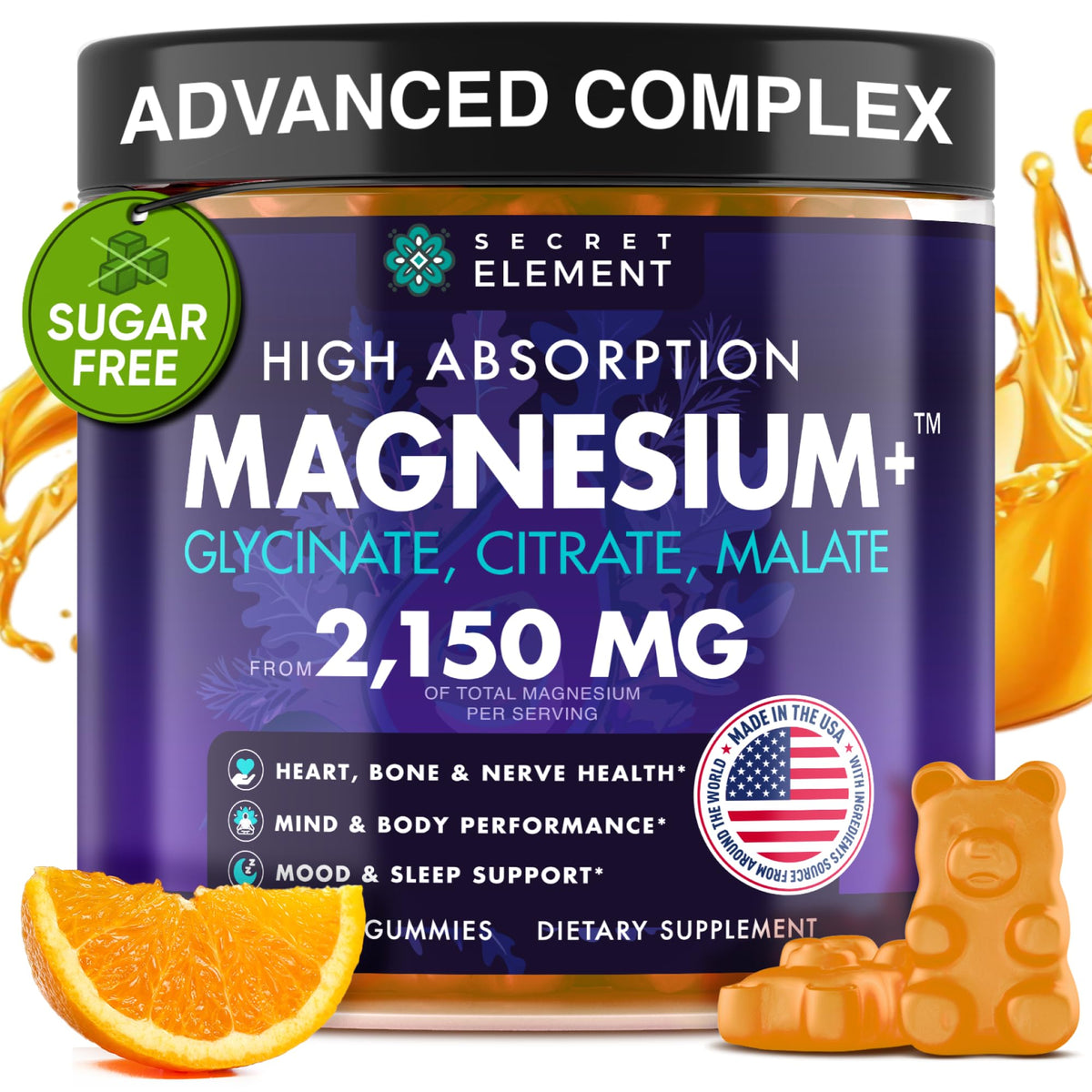 Secret Element Magnesium Glycinate 2150MG Gummies for Women and Men, High Absorption Magnesium Glycinate, Citrate, Malate Gummies for Adults & Kids, Sleep Support - Maple Wellness Supplements