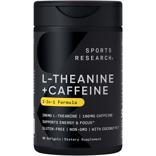 Sports Research L-Theanine Supplement with Caffeine & Coconut MCT Oil - Focused Energy, Alertness & Relaxation Without Drowsiness - 200mg L Theanine, 100mg Organic Caffeine - 60 Liquid Softgels - Maple Wellness Supplements