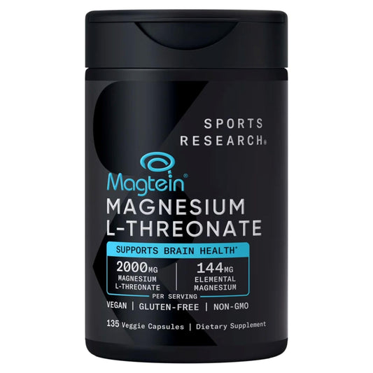 SPORTS RESEARCH Magtein Magnesium L- Threonate Advanced (2000 MG Magnesium L-Threonate 144 MG Elemental Magnesium Per Serving) 135 Veggie CapsulesPlus Bonus 2 Sugar Free White Peach Hydration Sticks - Maple Wellness Supplements