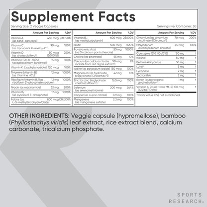 Sports Research® Multivitamin – Advanced Formula - 23 Essential Vitamins & Minerals with CoQ10 & Iodine - Daily Nutrient Support*- Non-GMO Tested & Gluten-Free -60 Veggie Capsules - Maple Wellness Supplements