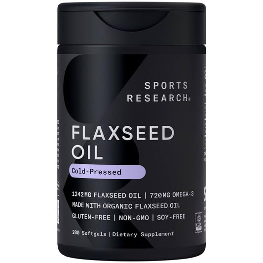 Sports Research Organic Flaxseed Oil Softgels 1242mg - Plant Based Omega 3 Supplement with 720mg ALA for Women & Men - Non-GMO, Soy & Gluten Free (200 Count) - Maple Wellness Supplements