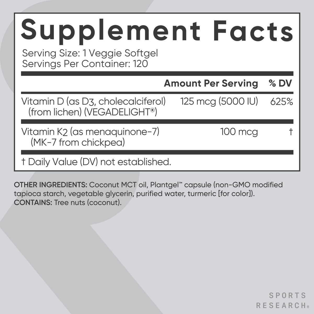Sports Research Vitamin D3 with K2 Softgels - Plant Based K2 & Vegan D3 5000iu with Coconut MCT Oil - Vegan Certified, Soy & Gluten Free - 120 Count - Maple Wellness Supplements