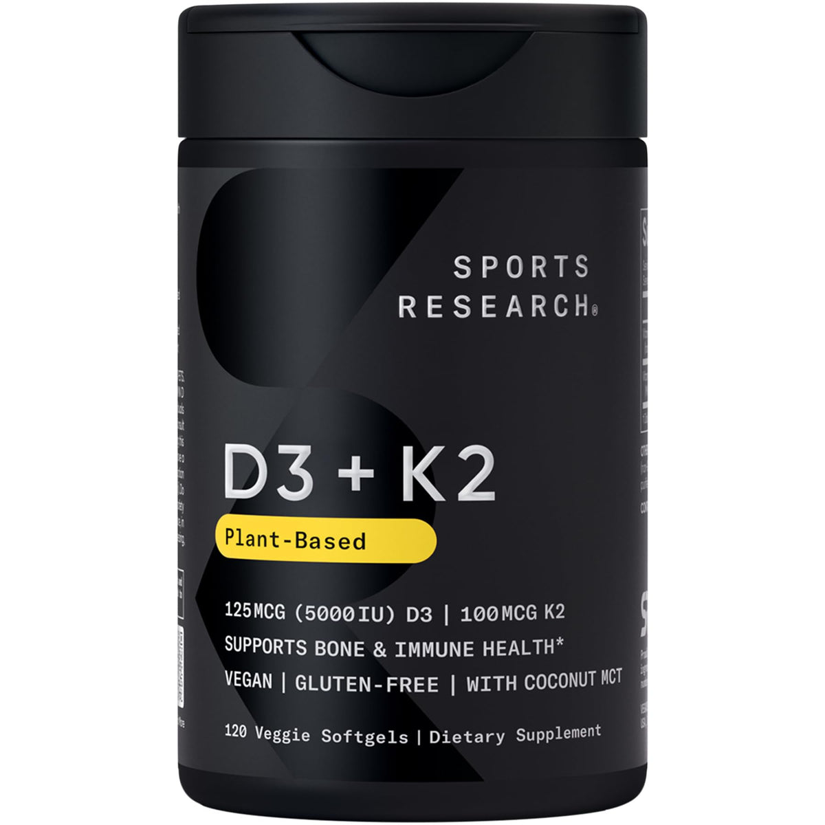 Sports Research Vitamin D3 with K2 Softgels - Plant Based K2 & Vegan D3 5000iu with Coconut MCT Oil - Vegan Certified, Soy & Gluten Free - 120 Count - Maple Wellness Supplements