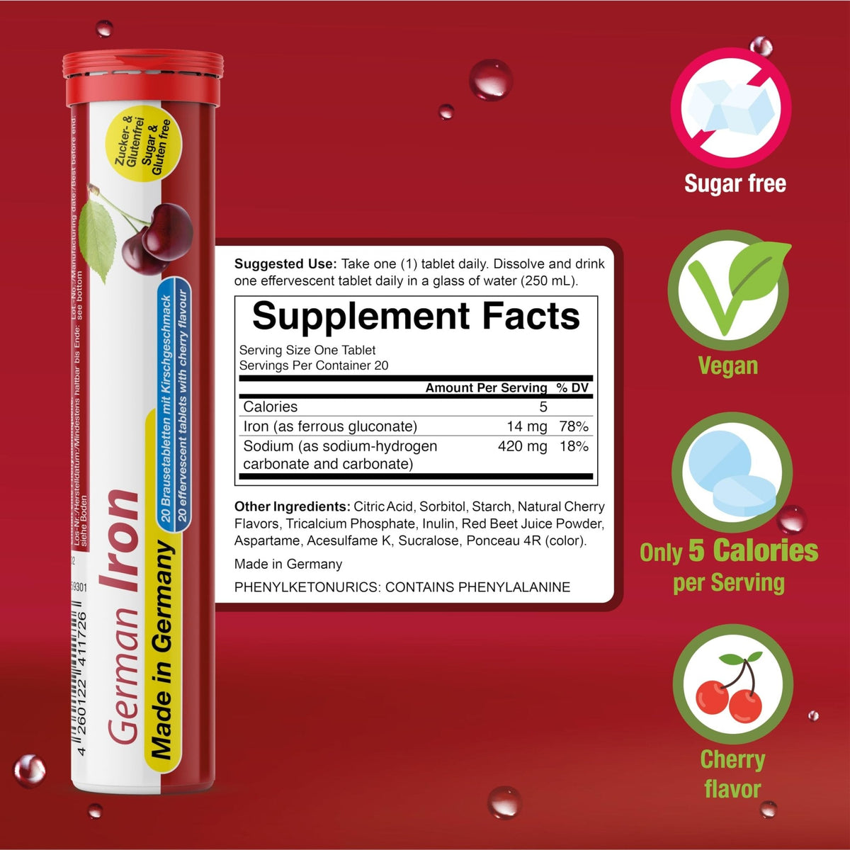 T&D German Iron 14 mg - 140 Vegan Drink Effervescent Tablets - Cherry Flavor - Made in Germany - Maple Wellness Supplements