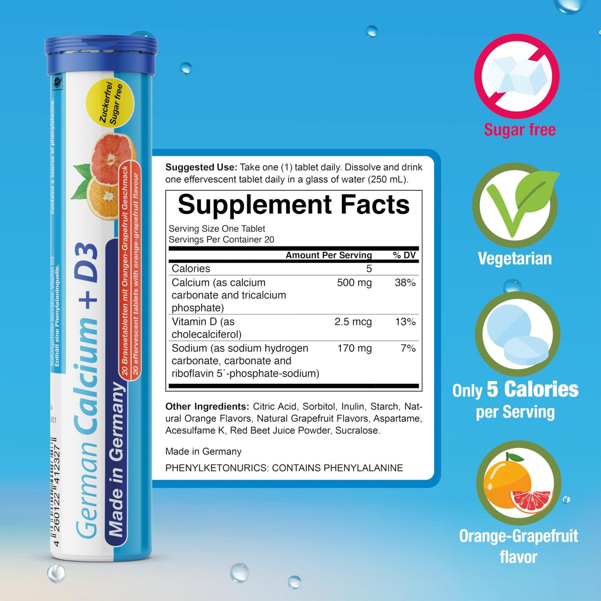 T&D German Vitamin, Minerals - 140 Vegan/Vegetarian Drink Effervescent Tablets - Mixed Fruit Flavor Box - Made in Germany - Maple Wellness Supplements