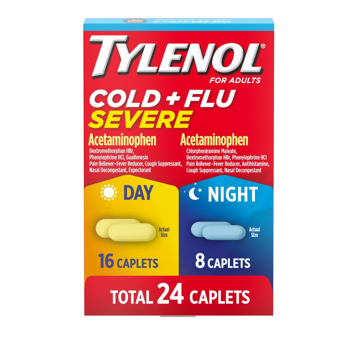 Tylenol Cold + Flu Severe Day & Night Caplets Combo Pack for Multi-Symptom Cold & Flu Symptom Relief, Cough, Sore Throat, and Headache Relief, Acetaminophen Pain Reliever, 24 ct - Maple Wellness Supplements