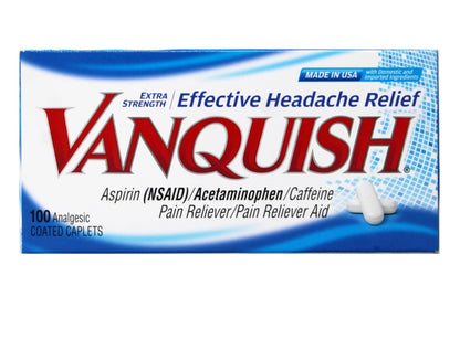 Vanquish Effective Headache Relief – Aspirin (NSAID), Acetaminophen, Caffeine, 100 Analgesic Coated Caplets - 3 Pack - Maple Wellness Supplements