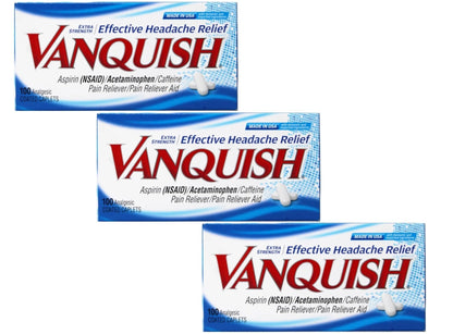 Vanquish Effective Headache Relief – Aspirin (NSAID), Acetaminophen, Caffeine, 100 Analgesic Coated Caplets - 3 Pack - Maple Wellness Supplements