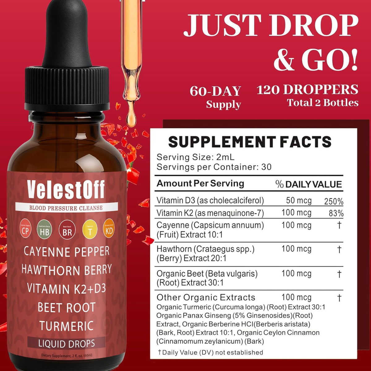 Velestoff Cayenne Pepper | Cayenne Heart & Circulation Blend – Botanical Extracts with Hawthorn, Beet Root, Turmeric, Vitamin K2 & D3 – Daily Wellness Drops (2 fl oz) (1) - Maple Wellness Supplements