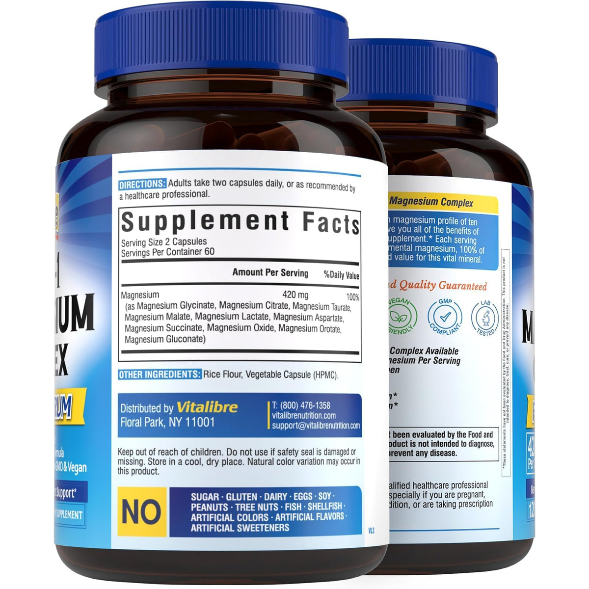 Vitalibre 10 in 1 Magnesium Complex, 420mg Elemental Magnesium | Ultra Strength, Max Absorption | Chelated Magnesium Supplement for Nerves, Bone & Heart Health | Non-GMO, 120 Vegan Capsules - Maple Wellness Supplements