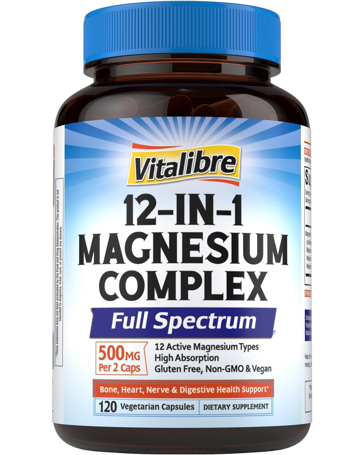 Vitalibre 12 in 1 Magnesium Complex Supplement 500mg | Max Absorption Chelated Magnesium Glycinate Citrate Malate & More for Bone, Nerve & Digestive Support | Non-GMO Vegan Capsules (120 Count) - Maple Wellness Supplements