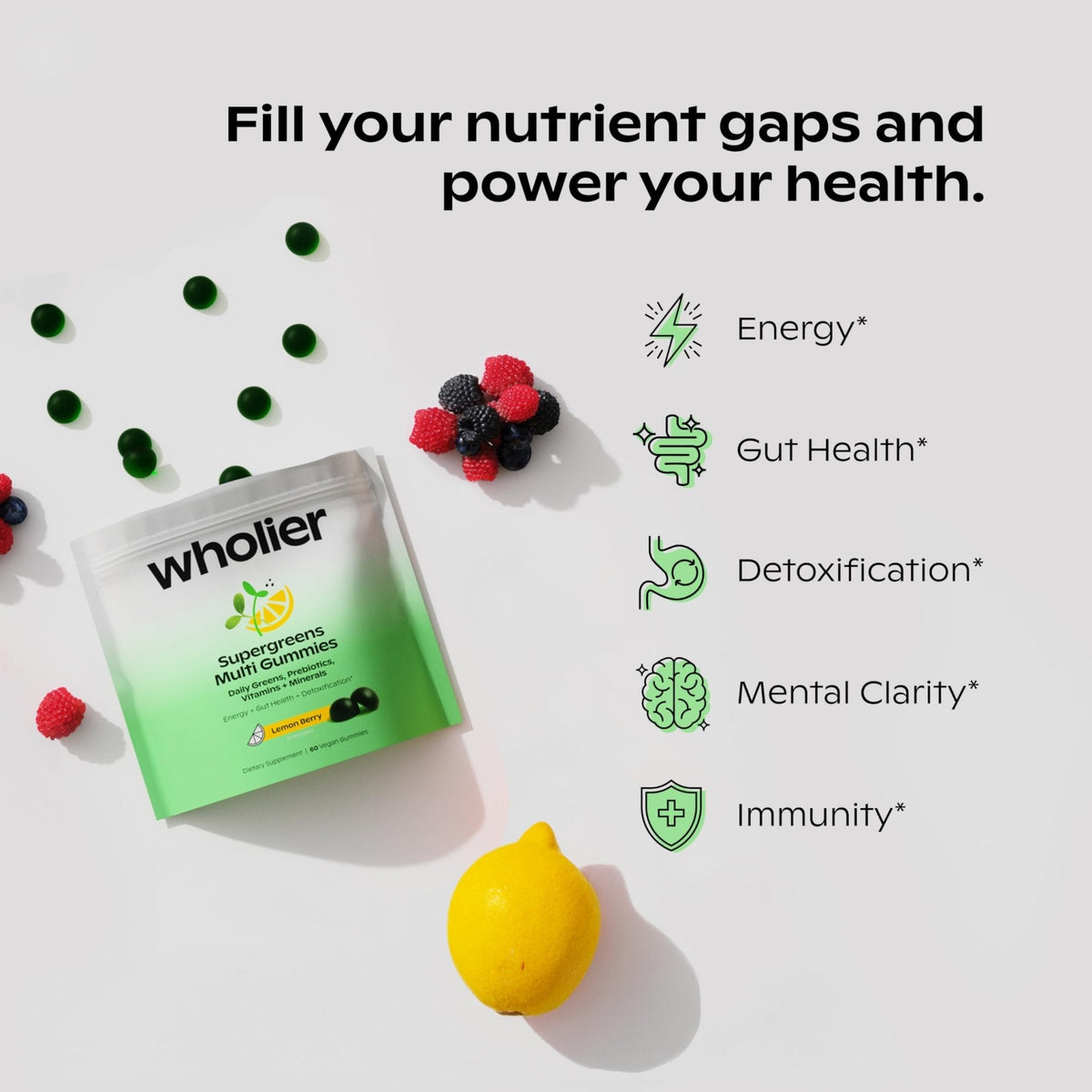 wholier Daily Supergreens Gummies, Greens Supplement with Prebiotics, Fiber, Adaptogens, Vegan Multivitamin, 9 Essential Vitamins + Minerals, 1g Sugar, 2 Gummy Serving (60 Gummies, 30 Day Supply) - Maple Wellness Supplements
