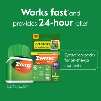 Zyrtec 24 Hour Allergy Relief Tablets, Indoor & Outdoor Allergy Medicine with 10 mg Cetirizine Hydrochloride Antihistamine, Value Bundle of one, 90 ct Bottle & Three, 1 ct Travel Packs - Maple Wellness Supplements